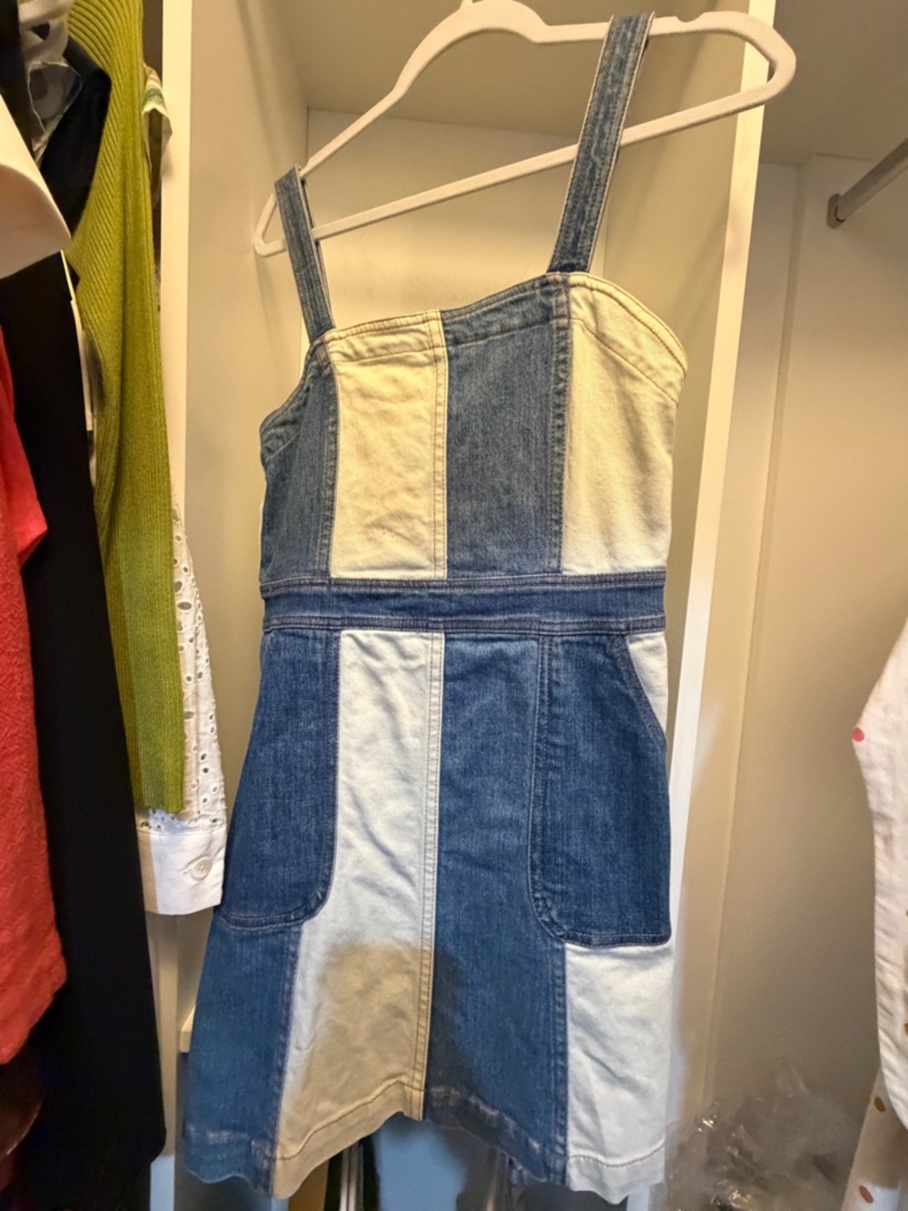 Alice + Olivia Two-Tone Denim Patchwork Midi Dress in Blue and Cream